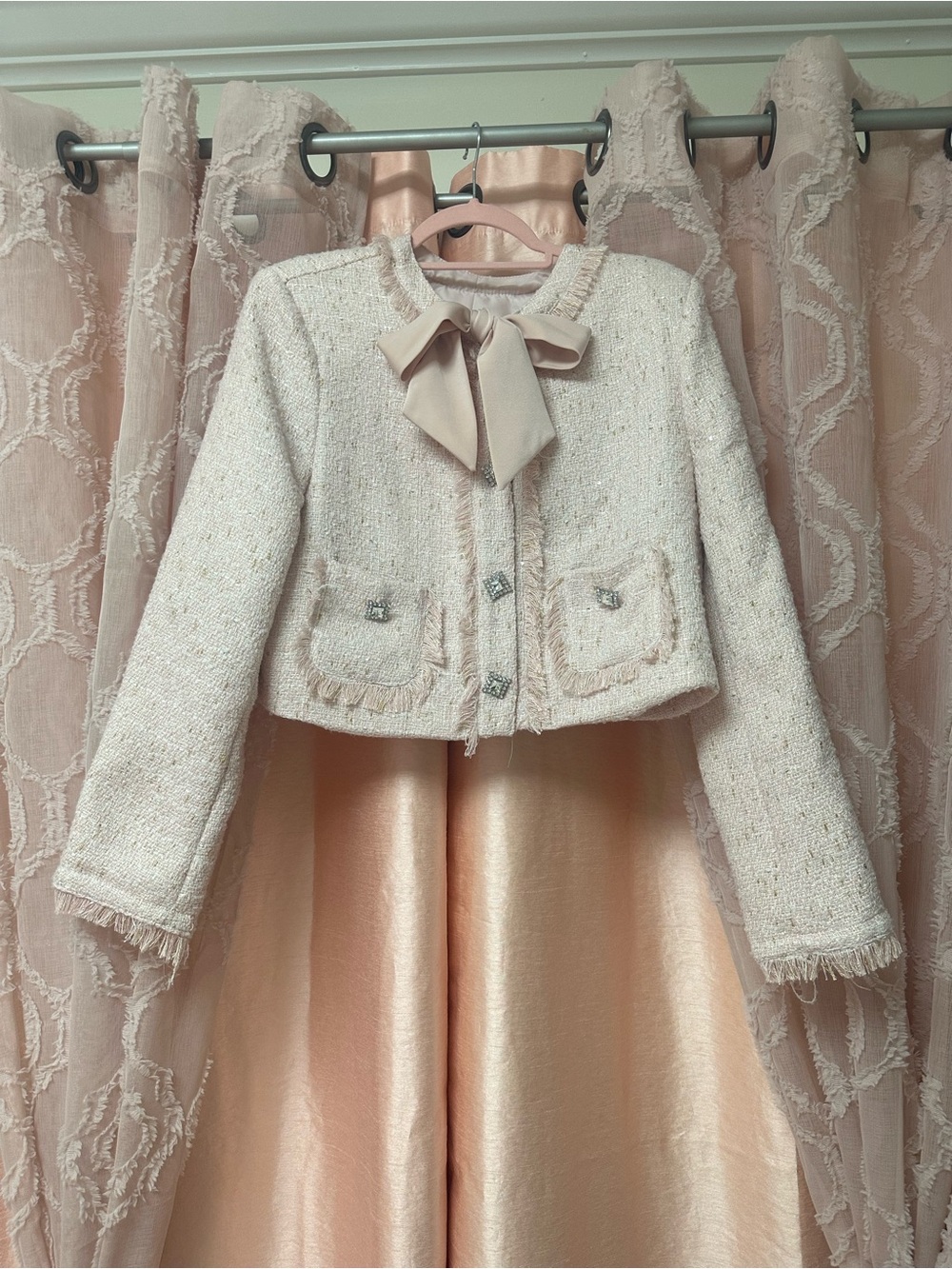 Pink and Gold Tweed Bow-Front Cropped Blazer